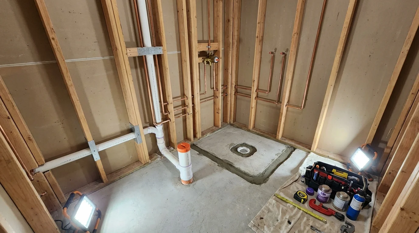 Bathroom rough-in plumbing during remodel by Johns Plumbing LLC in Bronx