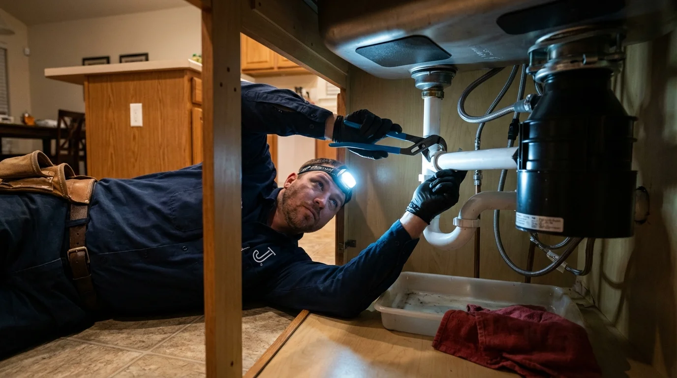 P-trap and supply line connections under a kitchen sink showing a common leak point in Bronx, NY